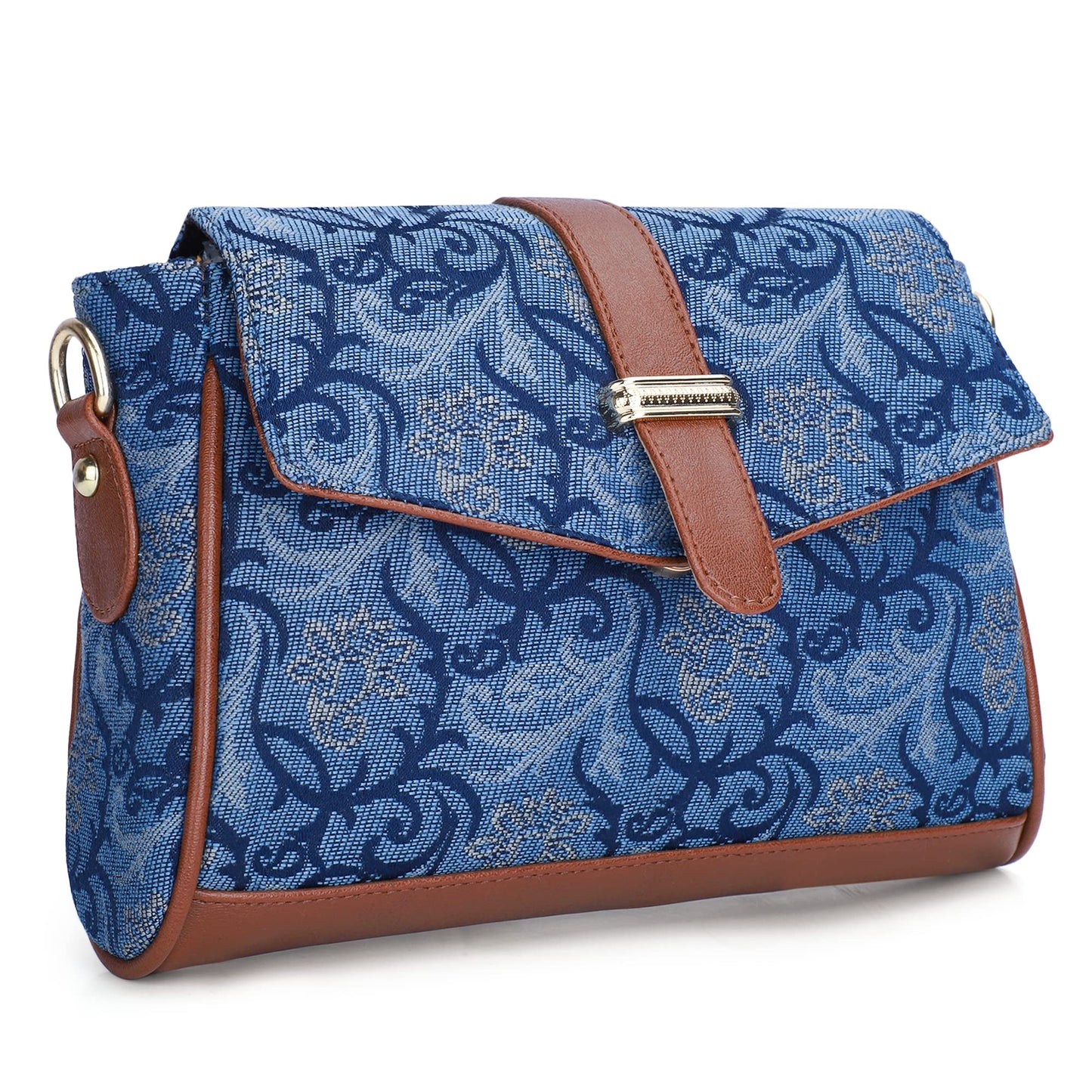 THE CLOWNFISH Odelina Series Tapestry Fabric Handbag for Women Sling Bag Office Bag Ladies Shoulder Bag with Snap Flap Closure & Shoulder Belt Totes For Women (BLUE-FLORAL)