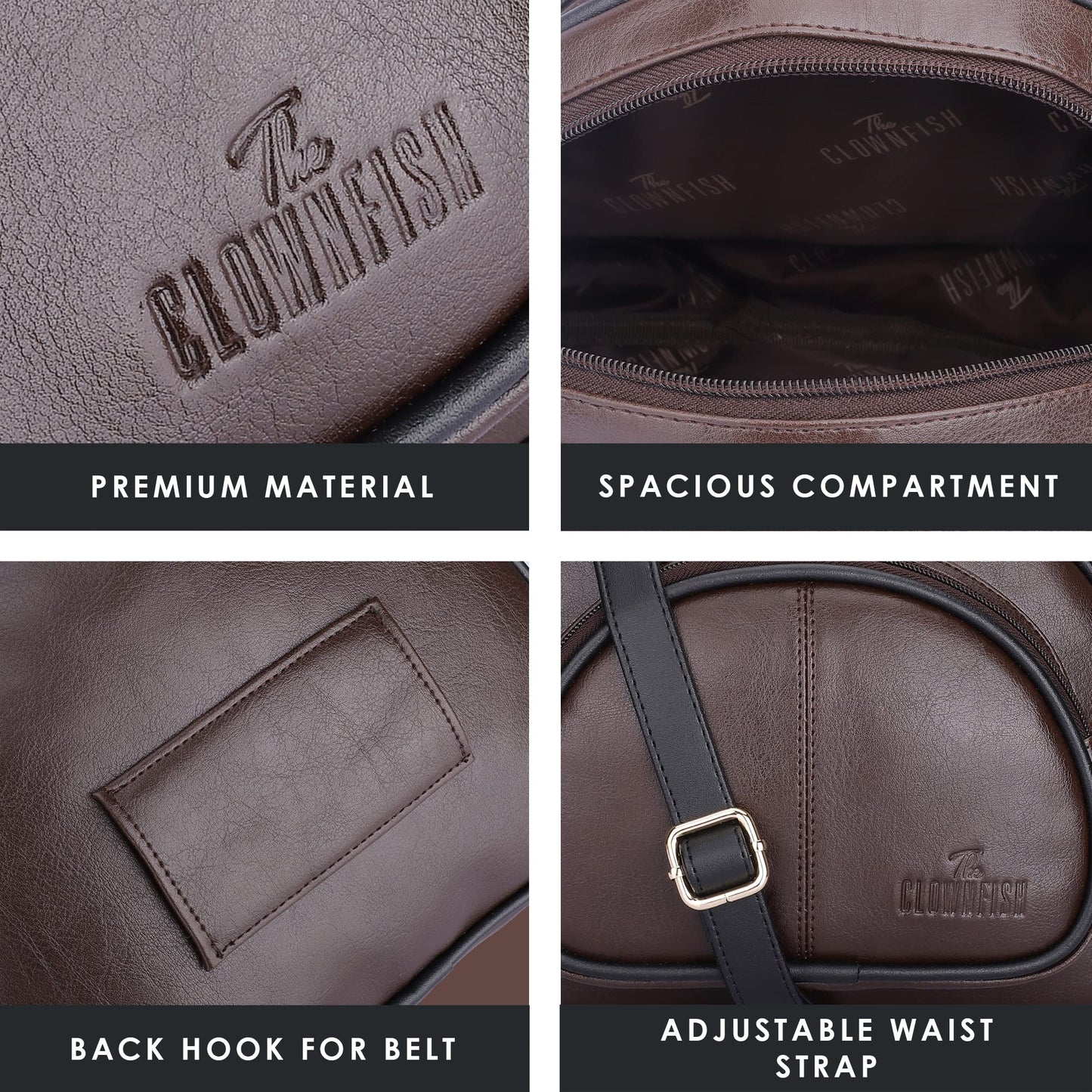 Faux Leather Waist Bag - Adjustable Sling with 2 Pockets | Water Resistant | One Size | Chocolate Brown