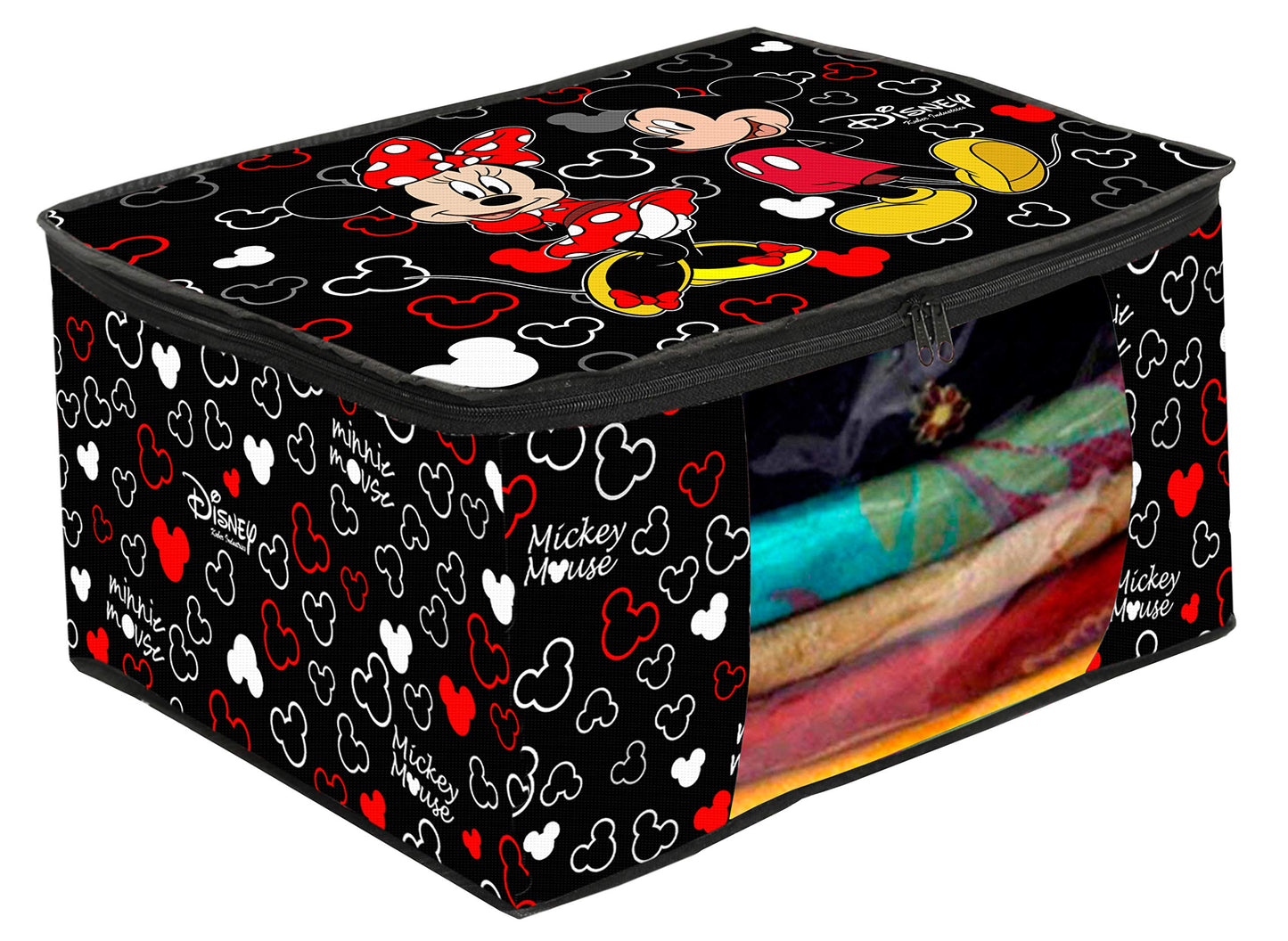 Kuber Industries Disney Mickey Print Non Woven Clothes Organiser|Zipper Closure|Wardrobe Set with Transparent Window|Extra Large 46 x 34 x 26 (Black) -HS_35_Square(Cotton)