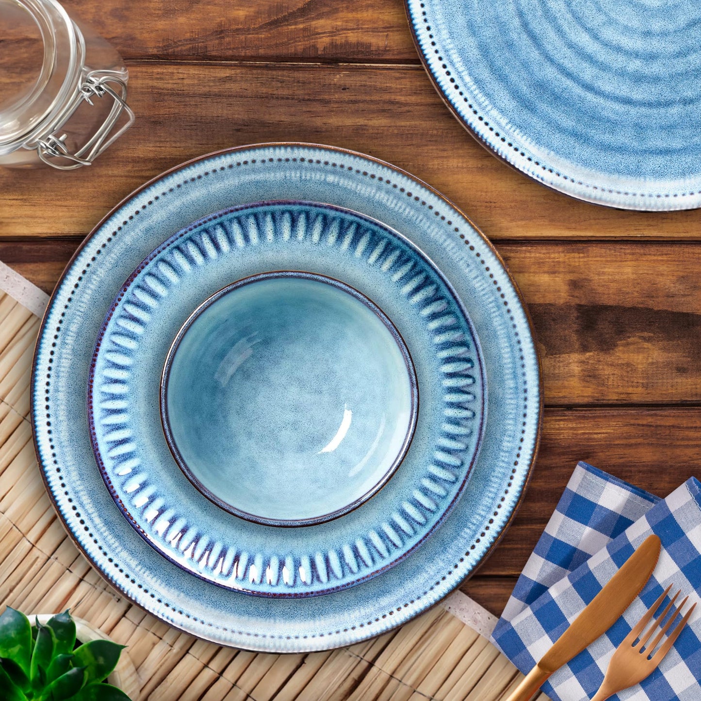 18 pcs Dinner Set | Premium Stoneware | Service Set for 6 (6 Dinner Plates, 6 Side Plates, 6 Bowls) | Blue