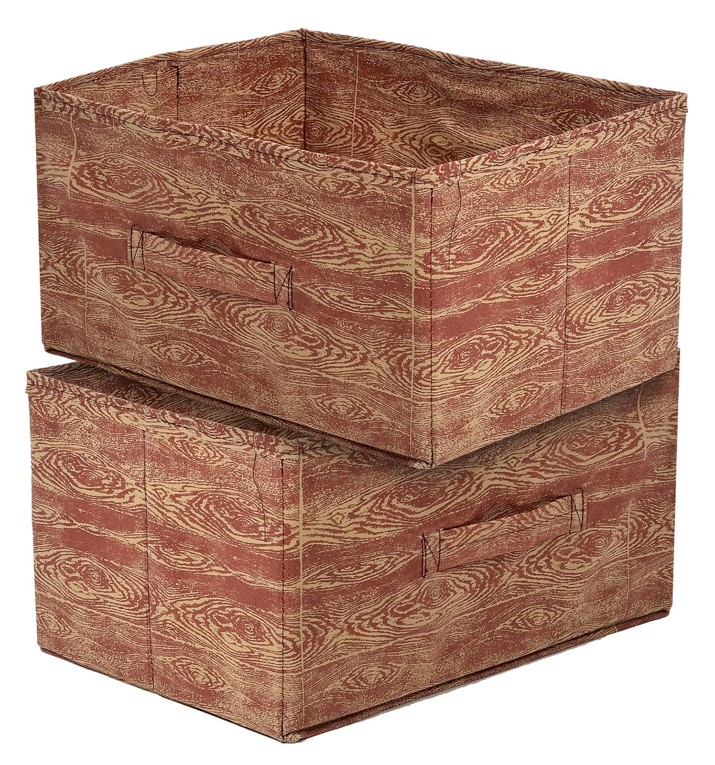 Pack of 2: Rectangular Wooden Non-Woven Storage Boxes - Foldable, Striped Design | Maroon Brown