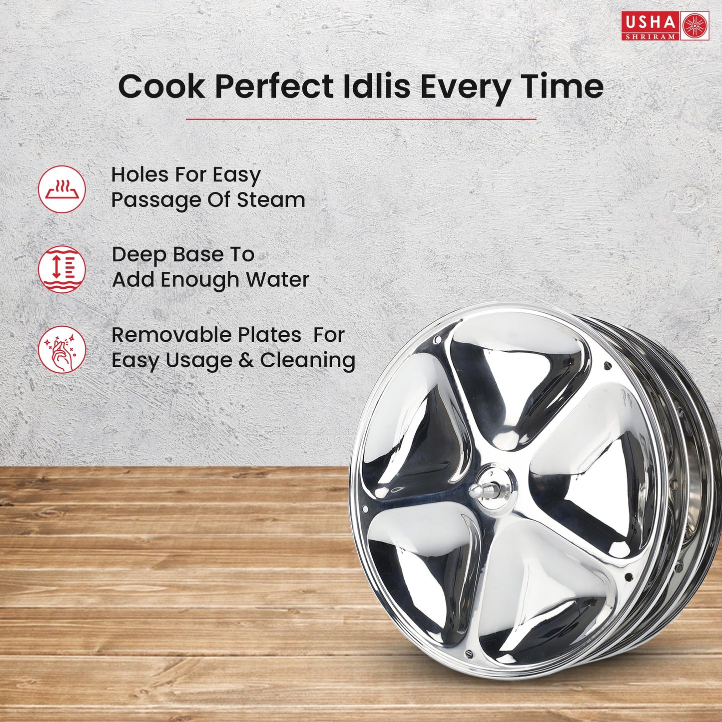 USHA SHRIRAM Stainless Steel Idli Plates (5 Cavities/Plate) | Idli Plates With Removable Bakelite Handle | Idly Stand For Cooker | Idli Stand | Thate Idli Maker | Idly Maker (4 Plate)