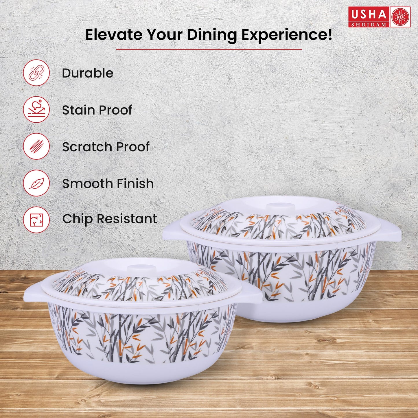 USHA SHRIRAM Melamine Serving Bowl (2Pcs - 1.4L each) | Fibre Dinner Set for Family | Unbreakable | Heat Resistant| Durable Shatter Resistant | Light Weight | BPA Free (Yellow Bamboo)