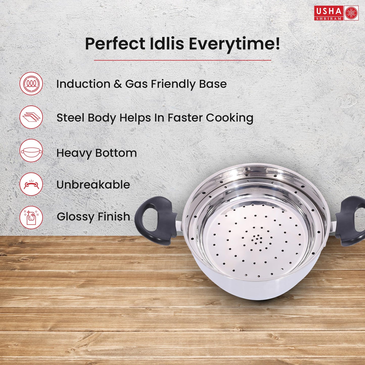 USHA SHRIRAM Stainless Steel Idli Cooker Kadai (5 Plate) | 3 Idli Plates (12 Big, 12 Button Idlis), 2 Momo/Idiyappam Plates | Idly Maker Momo Steamer | Multi Kadai for Idli, Dhokla,Mini Idlies, Modaks