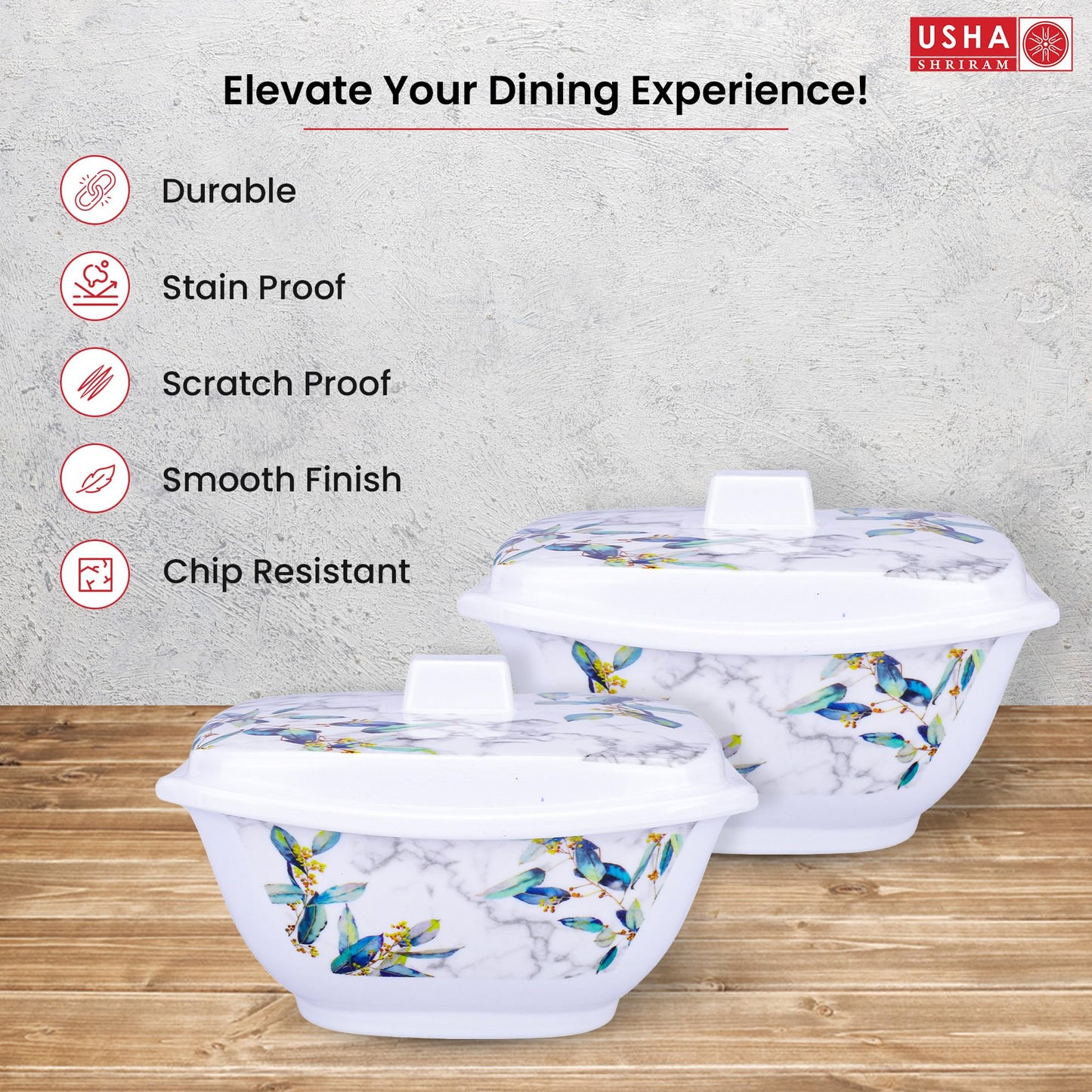 USHA SHRIRAM Melamine Big Serving Bowl with Lid (4 Pcs - 1.4L each) | Rice Bowl for Serving | Unbreakable | Heat Resistant | Mixing Bowl with Lid | Light Weight | BPA Free (Blue Marble)