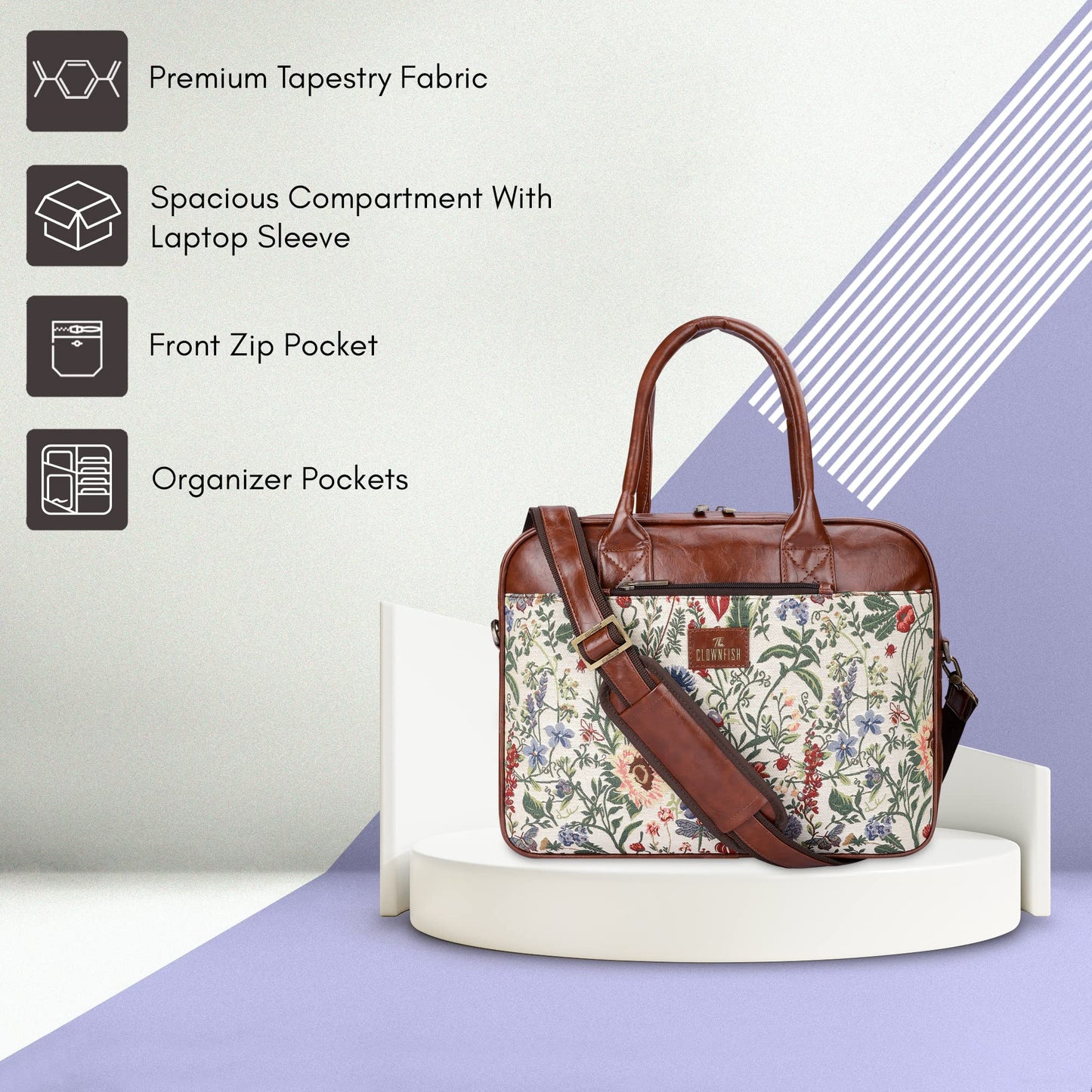 15.6 inch Laptop Messenger Bag - Stylish Floral Design | Adjustable Strap | 13.7L | Flax