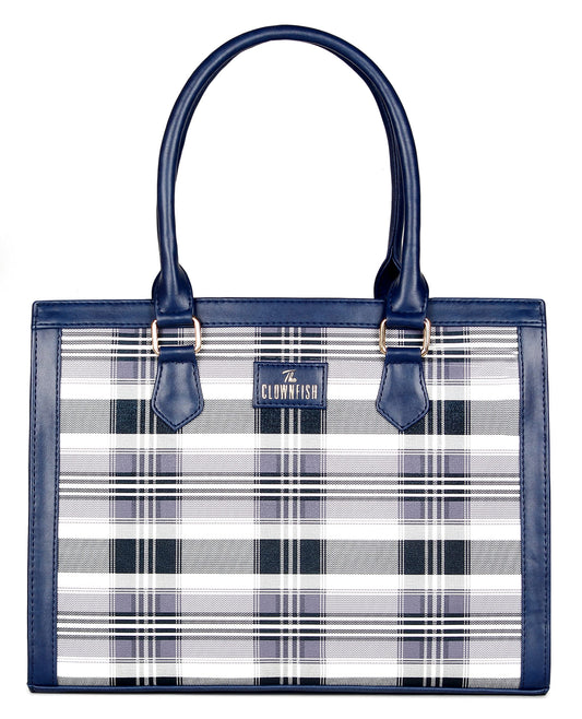 Handbag: Stylish Shoulder Tote for Women - Checks Design | Perfect for Office & College | Navy Blue