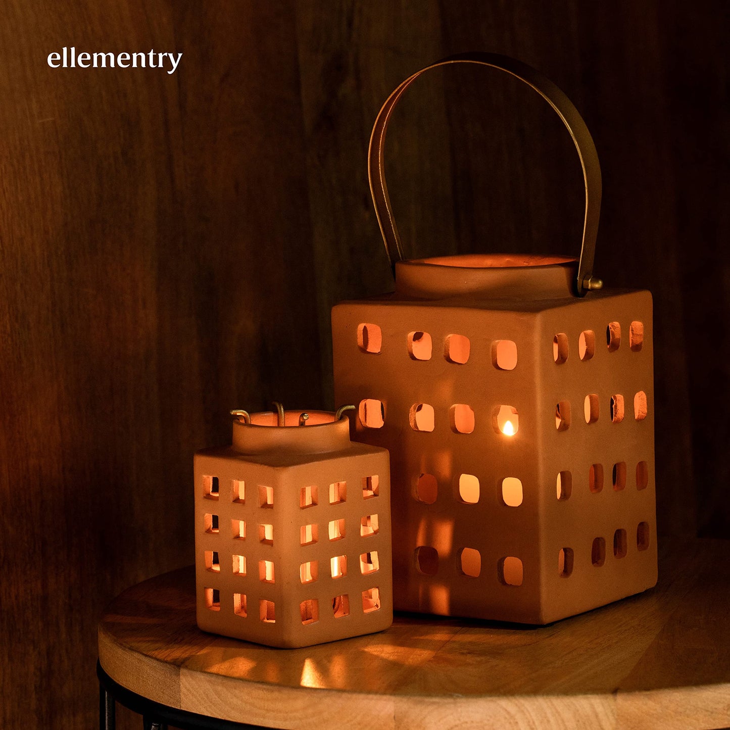 Ellementry Lupa Square Terracotta Lantern (Small) Set of 2 | Candle Tealight Holder for Balcony and Garden | Hanging Lamps for Home Decoration | Lalten for Vintage Christmas Decor and Corporate Gifts