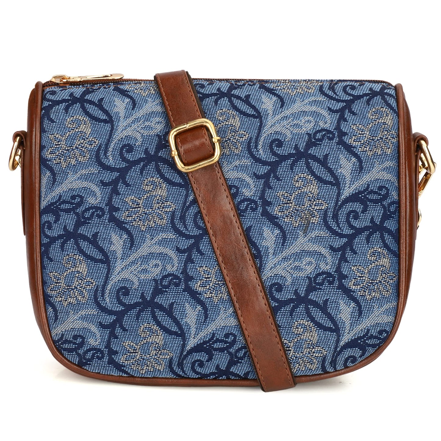 Single Shoulder Bag: Handicraft Fabric Tapestry Sling Bag with Floral Print | Crossbody Design | Blue