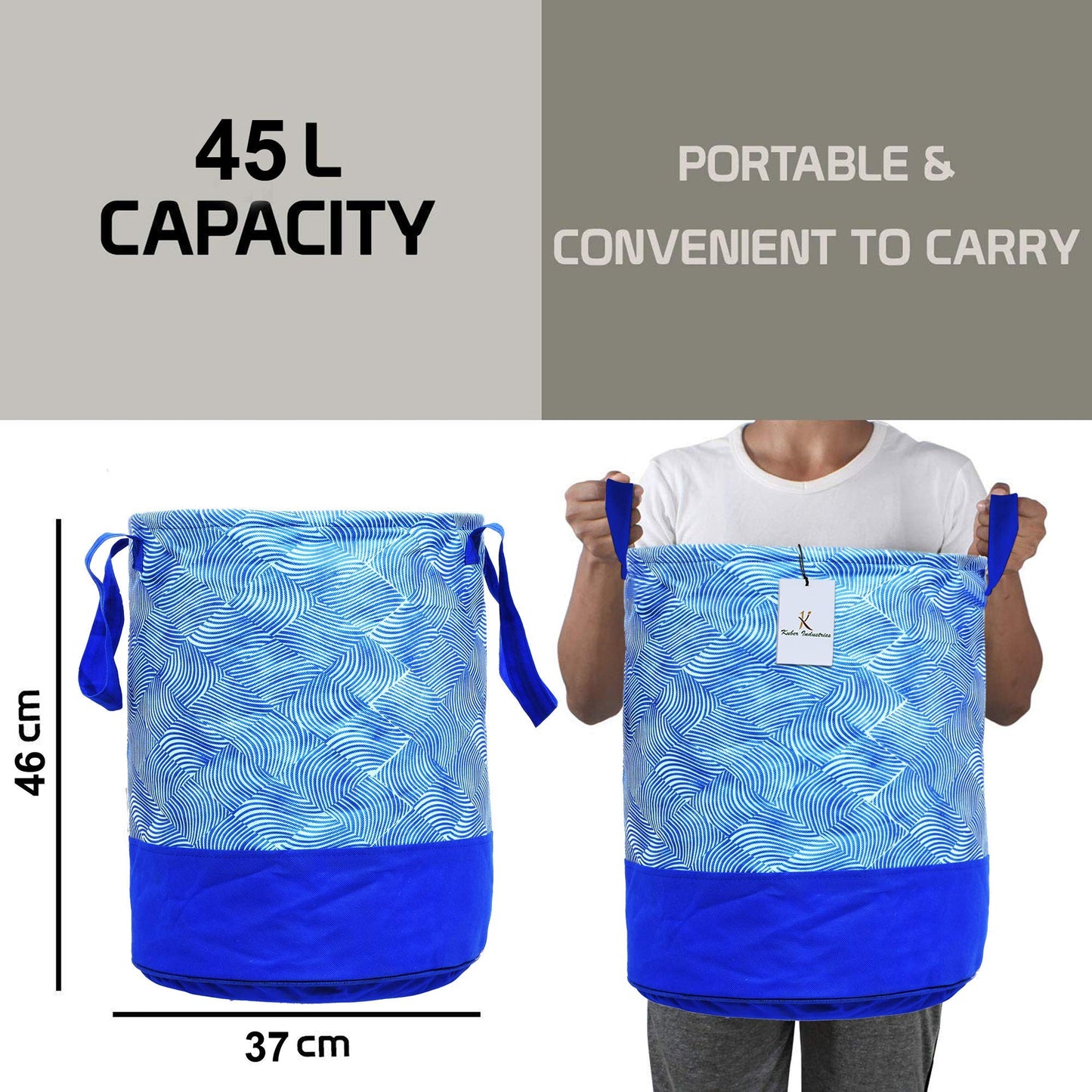 Pack of 2: Waterproof Canvas Laundry Bags - Strong & Sturdy | Ideal for Laundry & Toy Storage | 45L | Blue