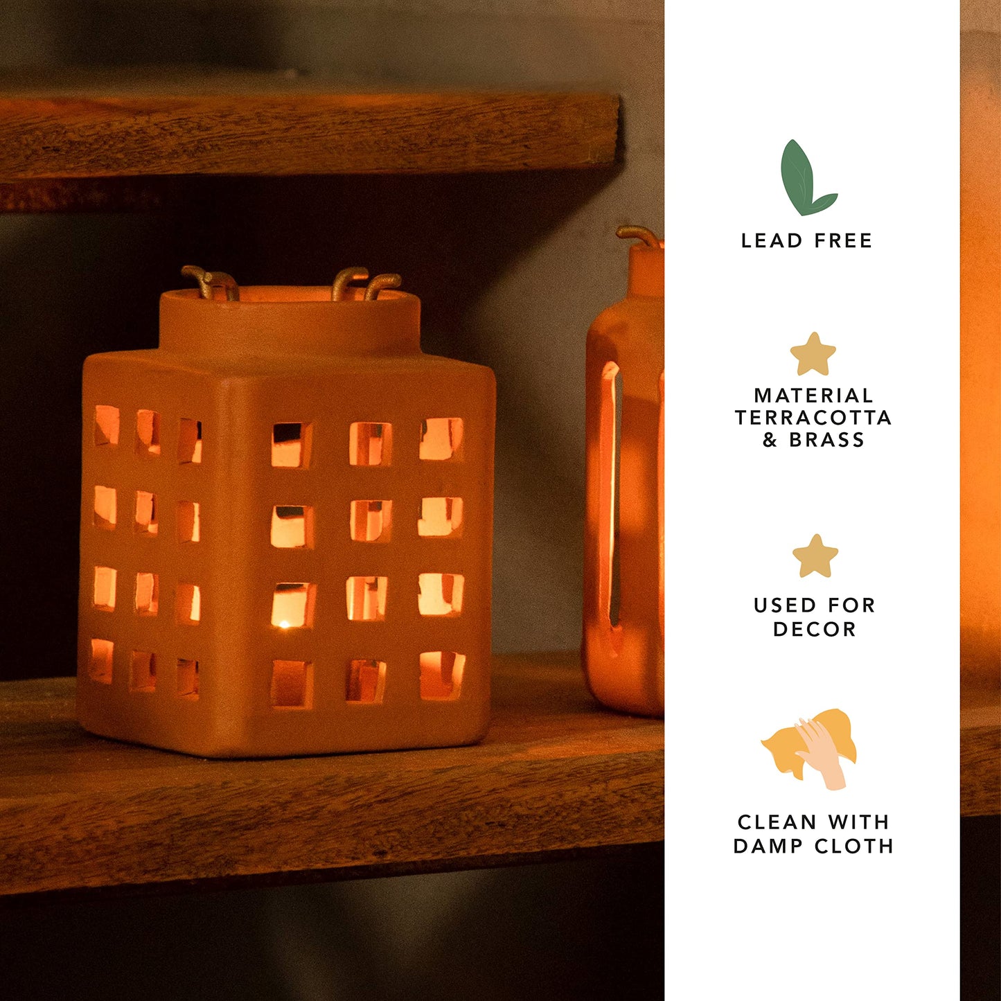 Ellementry Lupa Square Terracotta Lantern (Small) Set of 2 | Candle Tealight Holder for Balcony and Garden | Hanging Lamps for Home Decoration | Lalten for Vintage Christmas Decor and Corporate Gifts