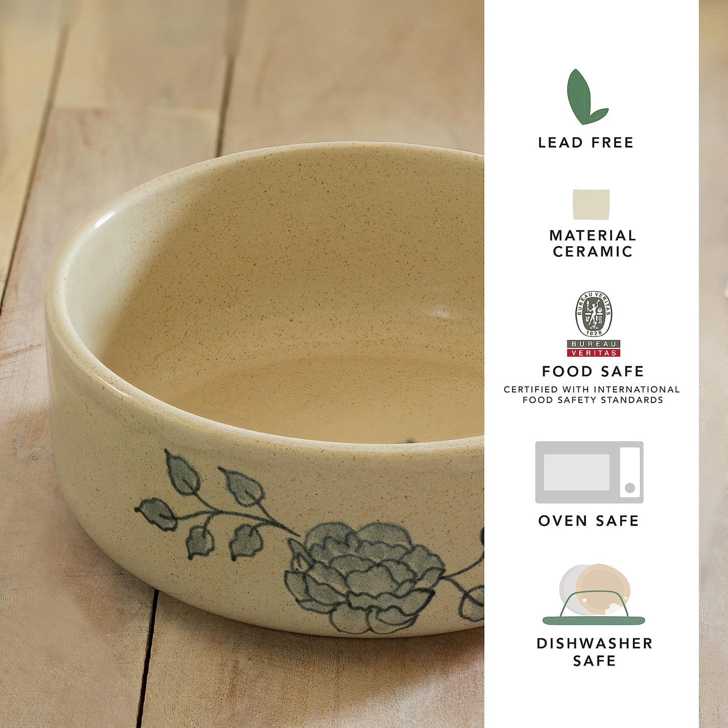 Ellementry Fiore Ceramic Salad Bowl (1200 ml) | Mixing Bowl & Serving Bowl | Eco-Friendly Microwave Safe Bowl | Ceramic Bowl for Cereal, Salad, Rice, Soup, Pasta & Snacks