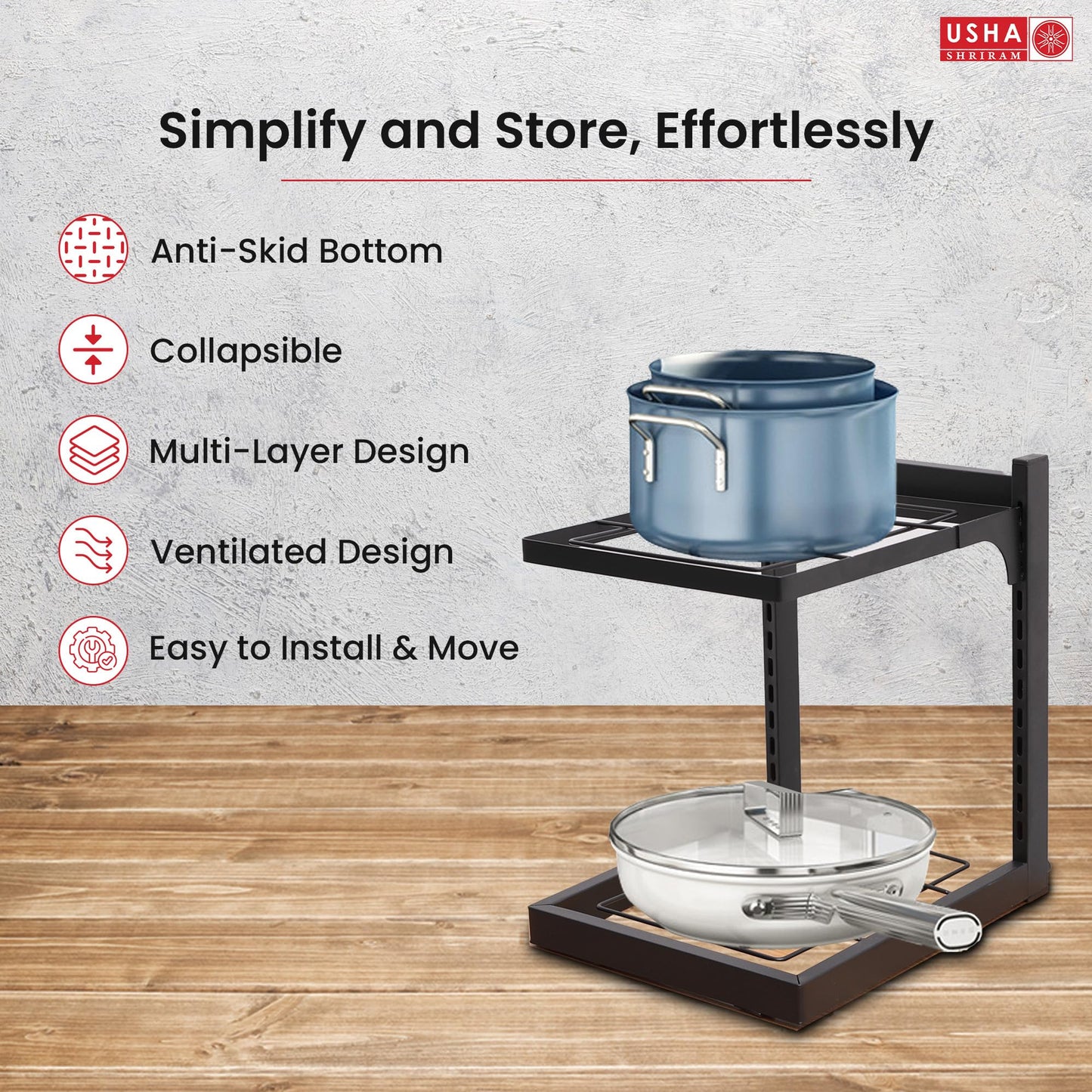 USHA SHRIRAM Carbon Steel | Dish Organiser For Kitchen | Kitchen Side Rack Organiser | Kadai Pan Organiser Rack For Kitchen | Kitchen Appliances Organiser | itchen Shelf Organiser (Pack of 1, 2 Layer)