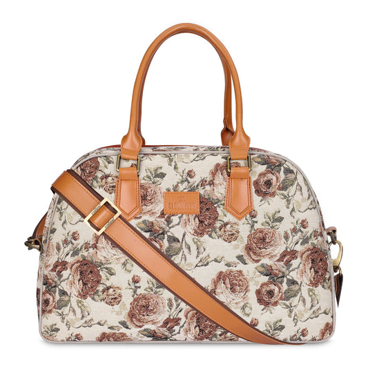 Unisex Travel Duffle Bag - Tapestry & Faux Leather, Weekender Style | 24L | Brown-Floral Design