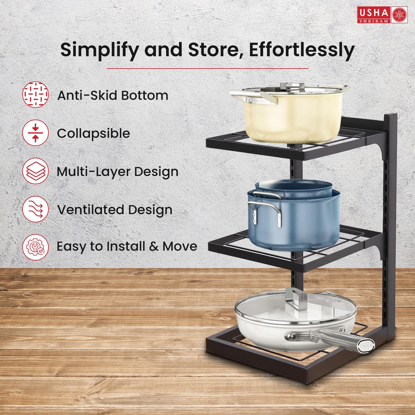 USHA SHRIRAM Carbon Steel | Dish Organiser For Kitchen | Kitchen Side Rack Organiser | Kadai Pan Organiser Rack For Kitchen | Kitchen Appliances Organiser | itchen Shelf Organiser (Pack of 1, 3 Layer)