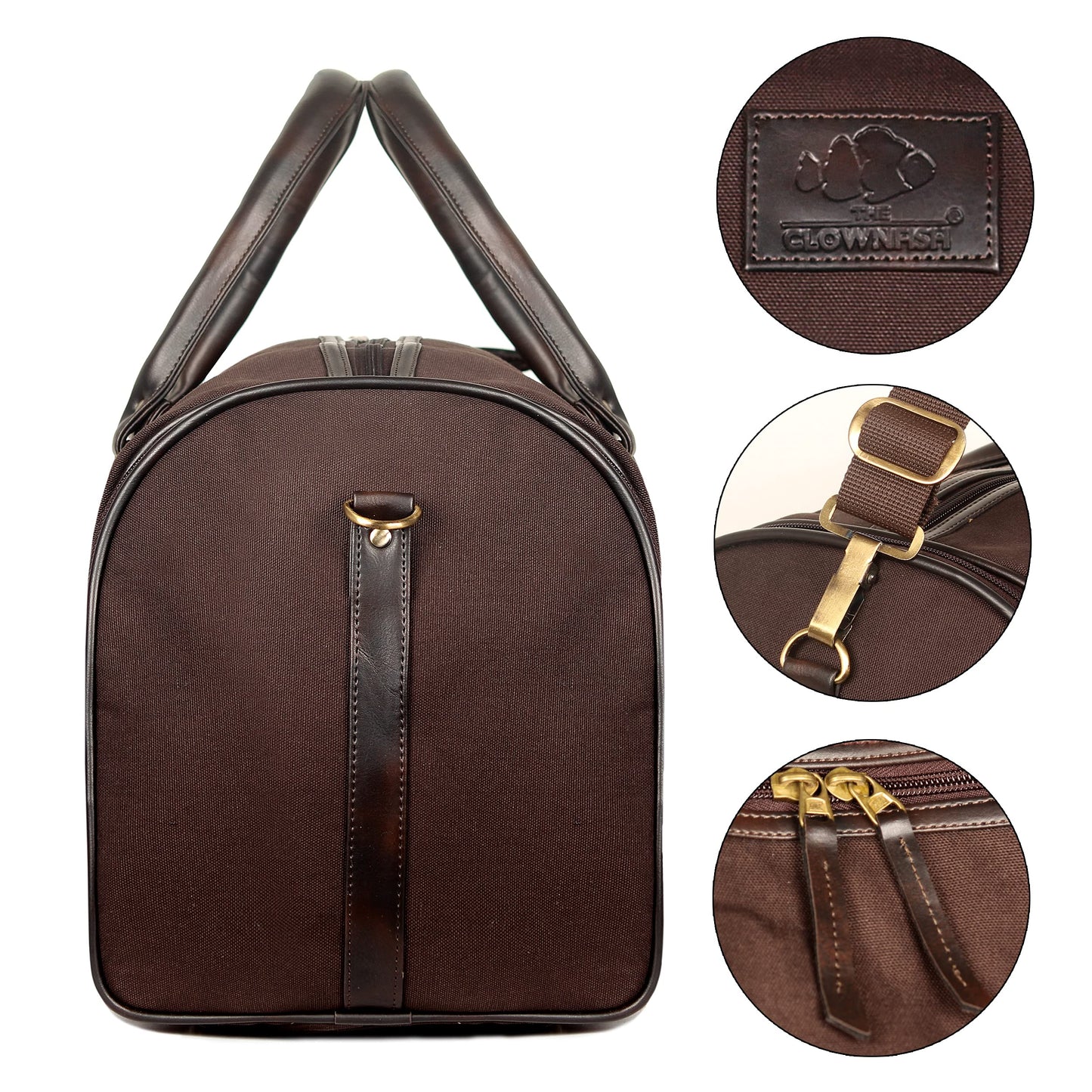 Travel Duffle Bag with Adjustable Shoulder Strap, Zip Closure | 34L | Dark Brown Canvas with Faux Leather