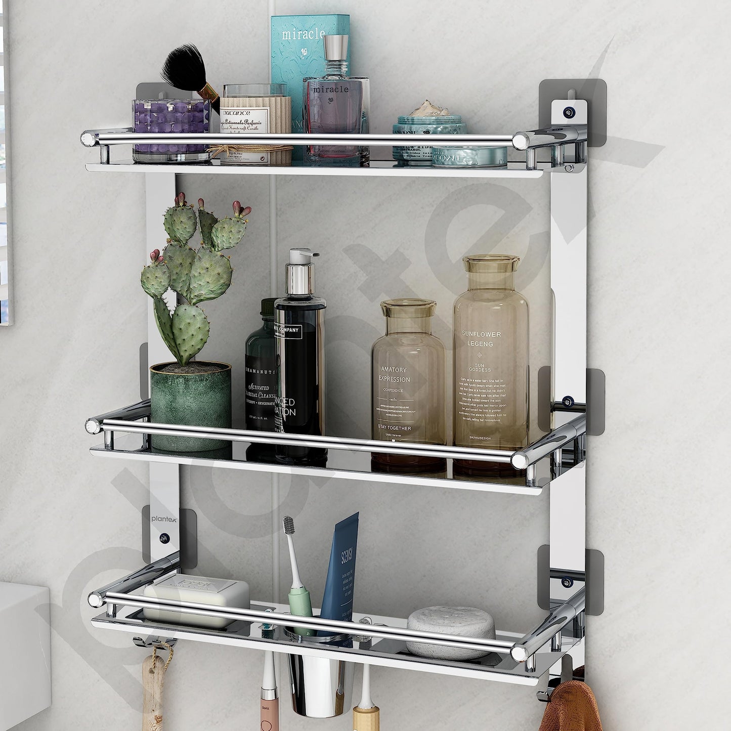 Plantex Stainless Steel Multipurpose 3 Tier Bathroom Shelf with Hook/Double Soap Dish/Tumbler Holder/Bathroom Oraganizer/Bathroom Accessories - Pack of 1 (Chrome)