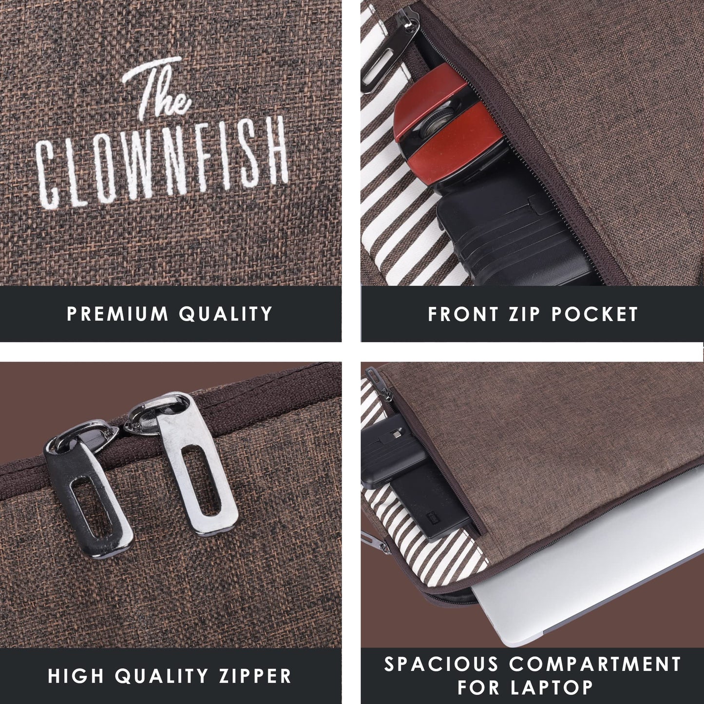 THE CLOWNFISH Polyester Laptop Sleeve - Solid Modern Design | Jetted Pocket | 13 inch | Brown