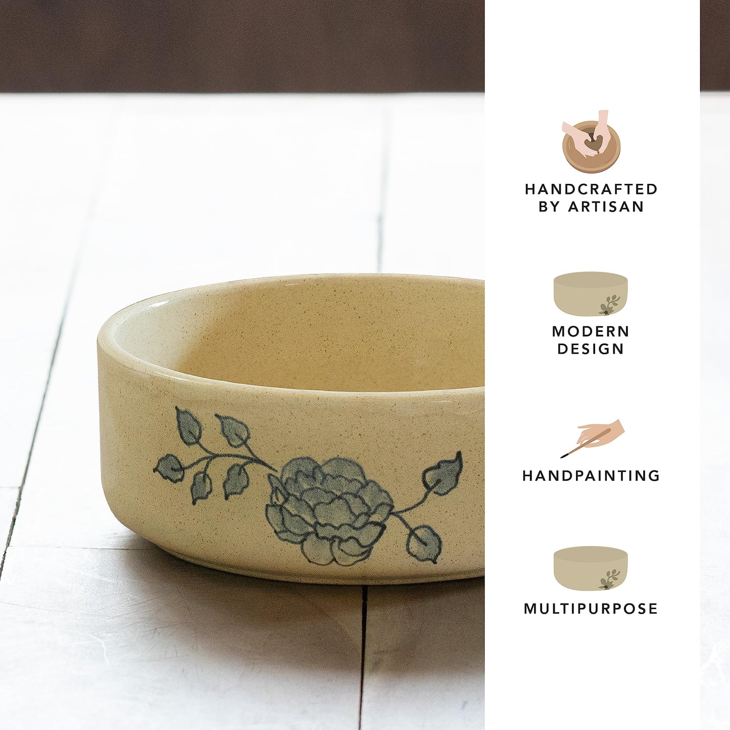 Ellementry Fiore Ceramic Salad Bowl (1200 ml) | Mixing Bowl & Serving Bowl | Eco-Friendly Microwave Safe Bowl | Ceramic Bowl for Cereal, Salad, Rice, Soup, Pasta & Snacks