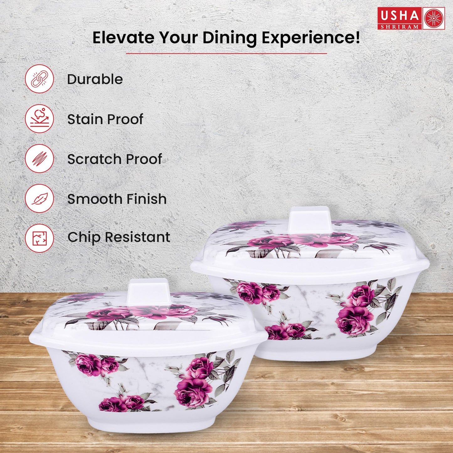 USHA SHRIRAM Melamine Big Serving Bowl with Lid (4 Pcs - 1.4L each) | Rice Bowl for Serving | Unbreakable | Heat Resistant | Mixing Bowl with Lid | Light Weight | BPA Free (Pink Marble Flower)