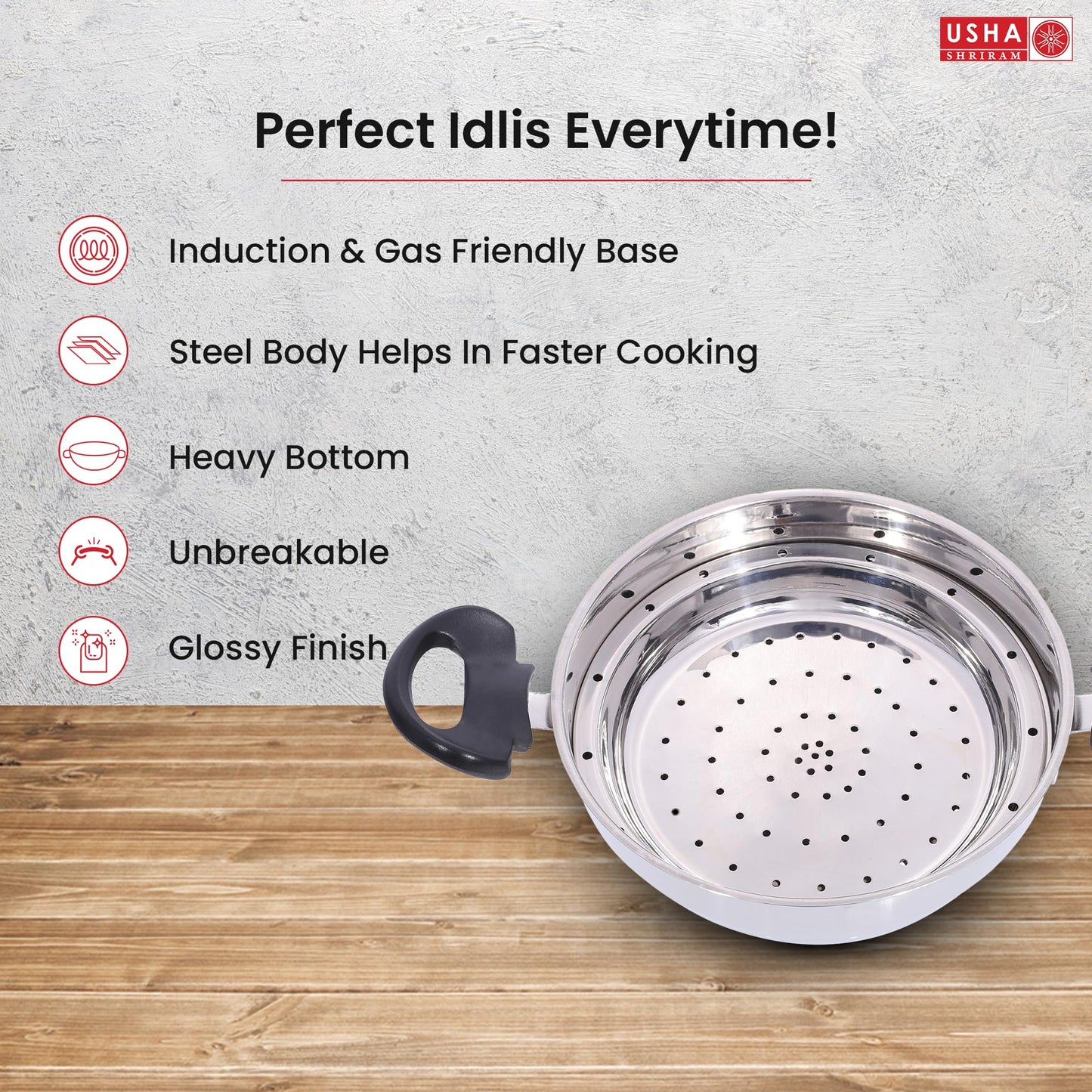 USHA SHRIRAM Stainless Steel Idli Cooker Kadai (3 Plate) | 2 Triangle Idli Plates (20 Idlis), 1 Momo/Idiyappam Plates | Idly Maker Momo Steamer | Multi Kadai for Idli, Dhokla,Mini Idlies, Modaks