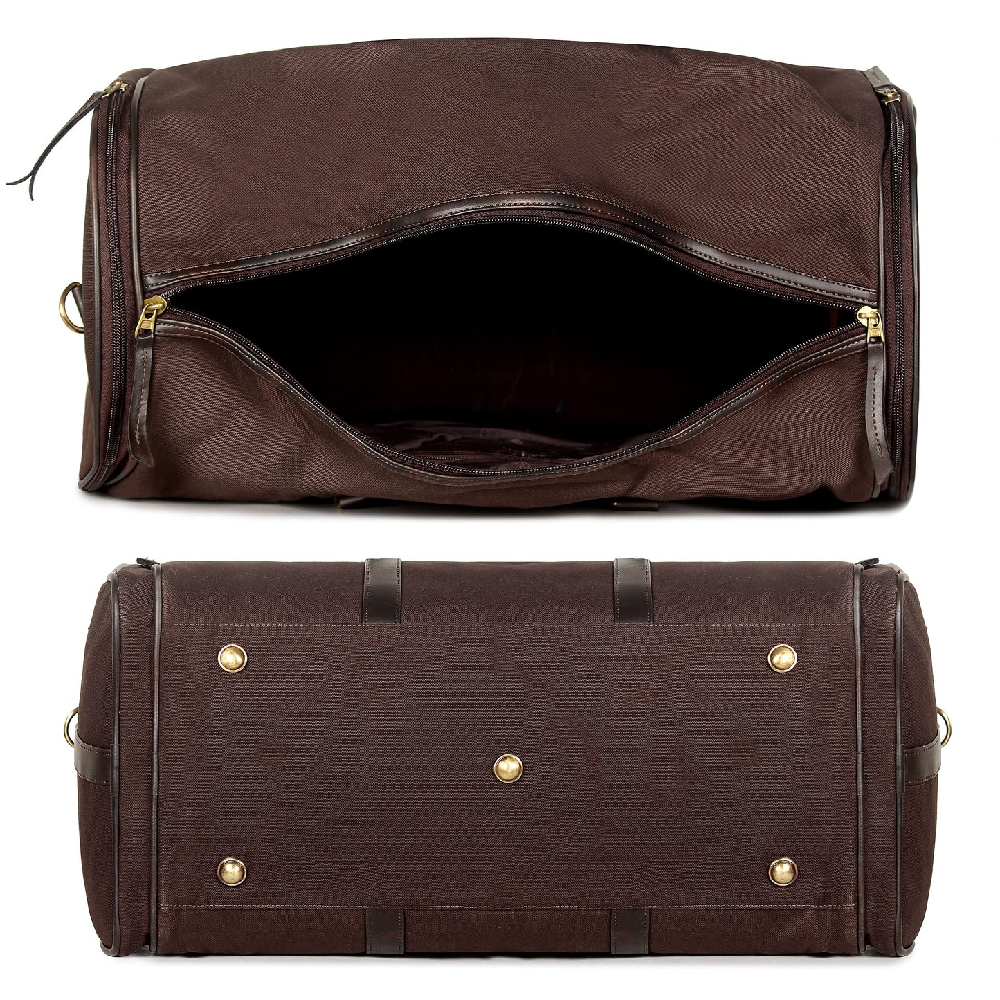Travel Duffle Bag with Adjustable Shoulder Strap, Zip Closure | 34L | Dark Brown Canvas with Faux Leather