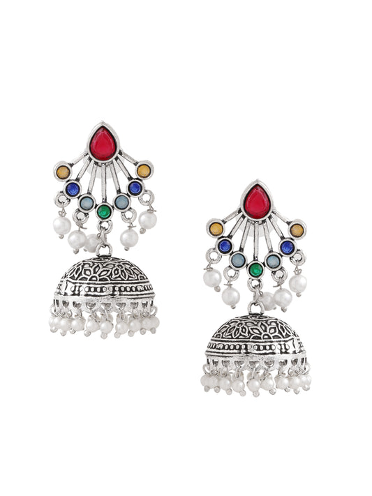 Yellow Chimes Silver Oxidised Long Jhumka Earrings - Stylish Accessory