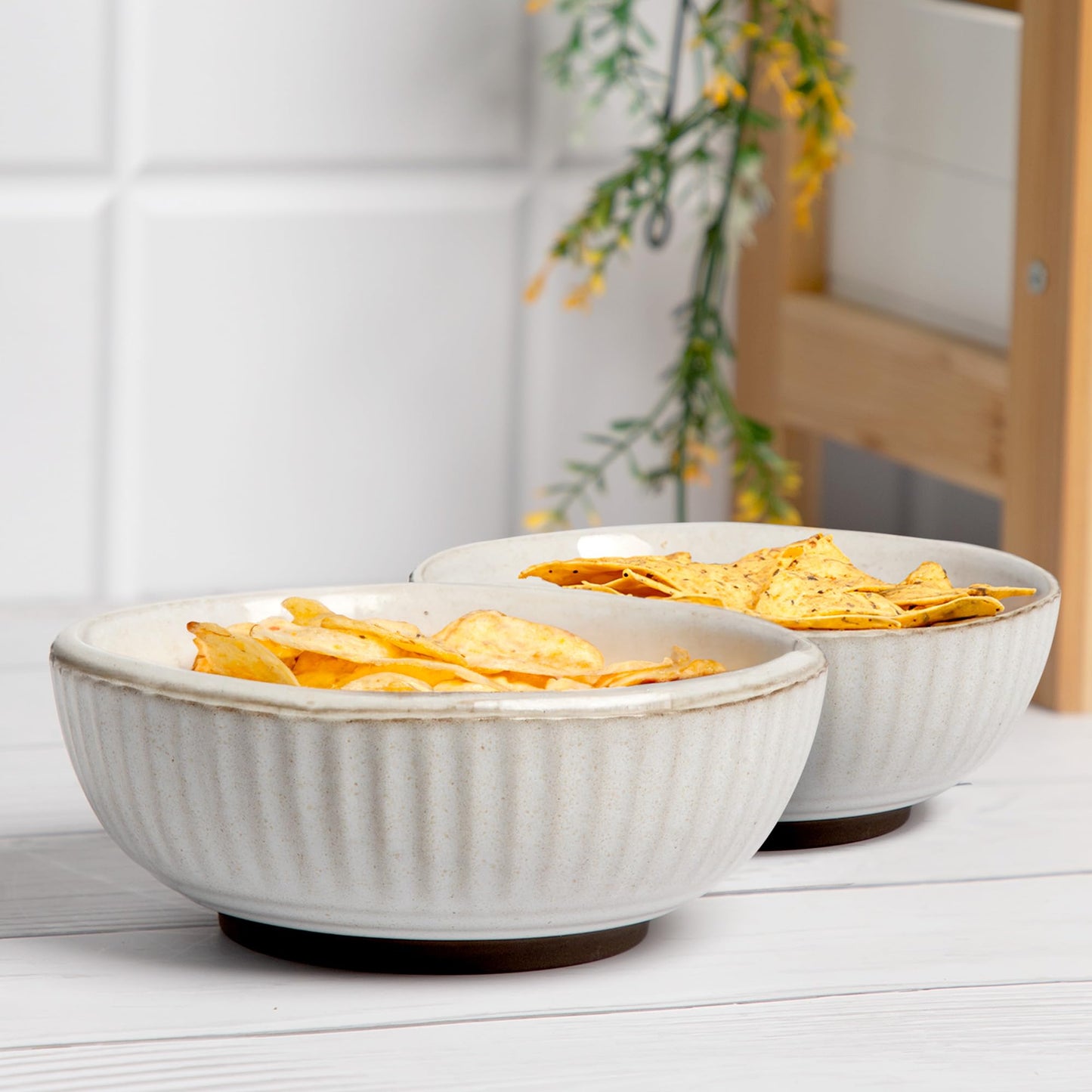 Set of 2: Large Ceramic Bowls - Microwave Safe, Ideal for Salad & Snacks | 650mL | Beige Sable