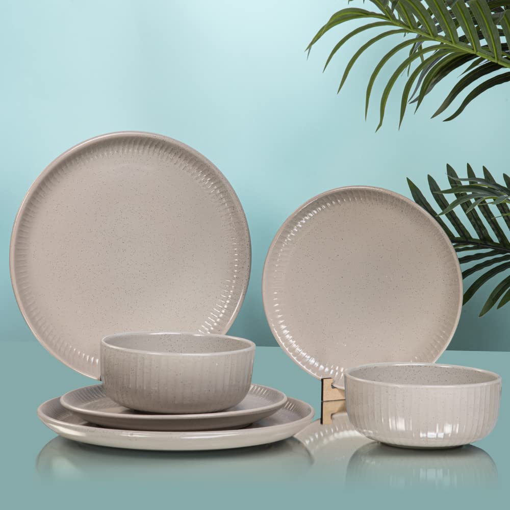 Combo: 12-Piece Stoneware Dinner Set - Microwave Safe | 4 Bowls, 4 Plates | Ceramic | Grey