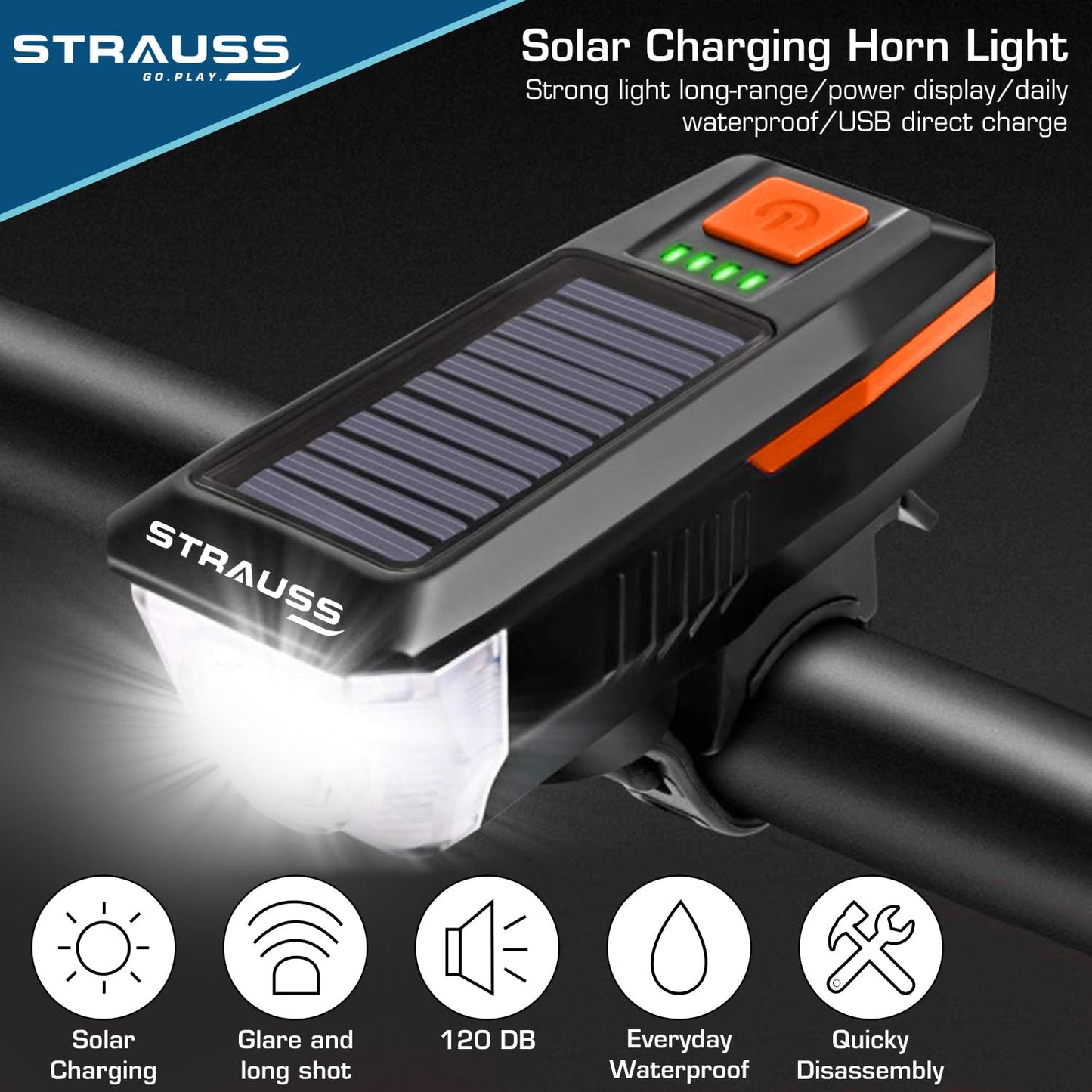 Strauss Sports Solar Headlight - Brightness for Road Visibility