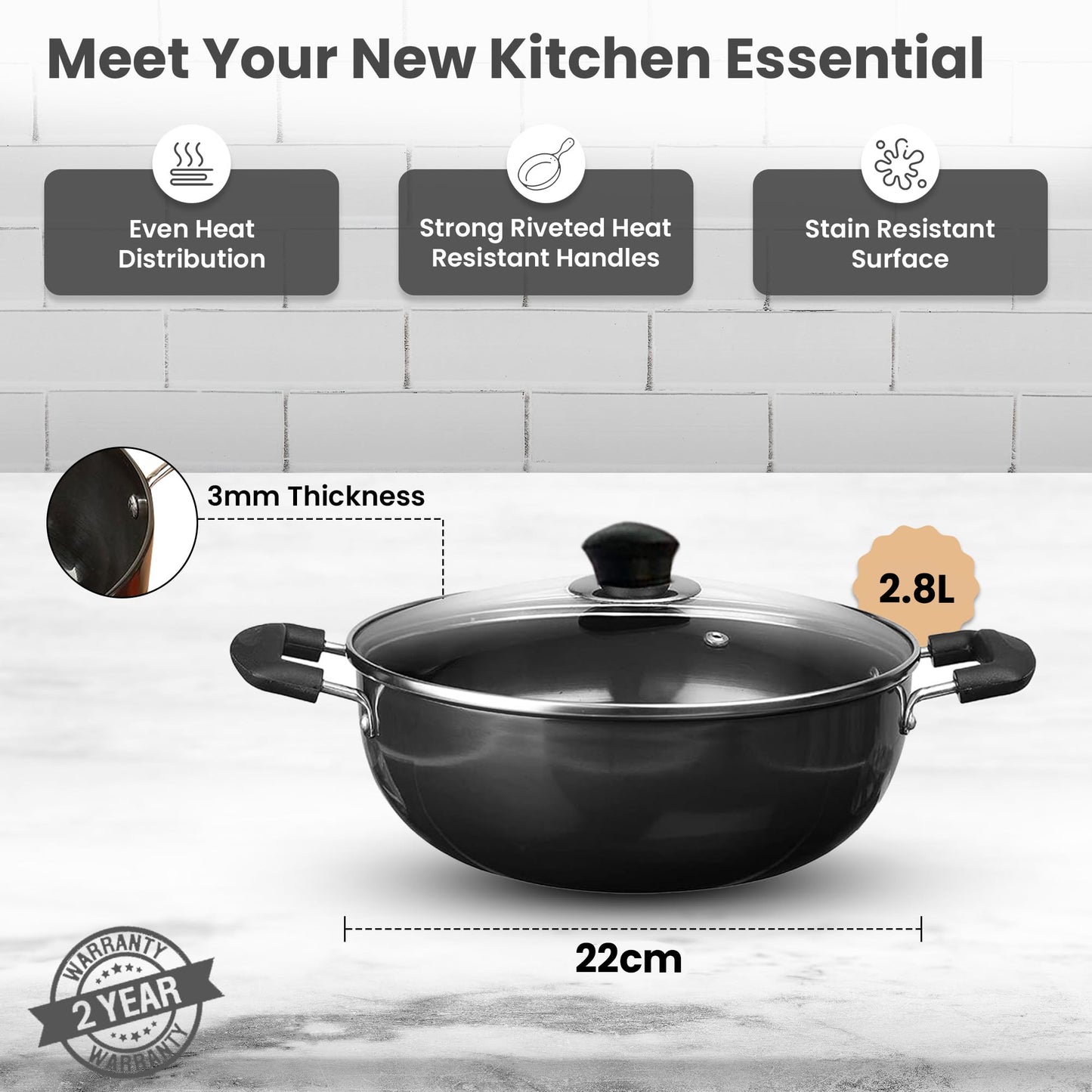 SAVYA HOME Hard Anodised Kadai - Durable aluminium construction