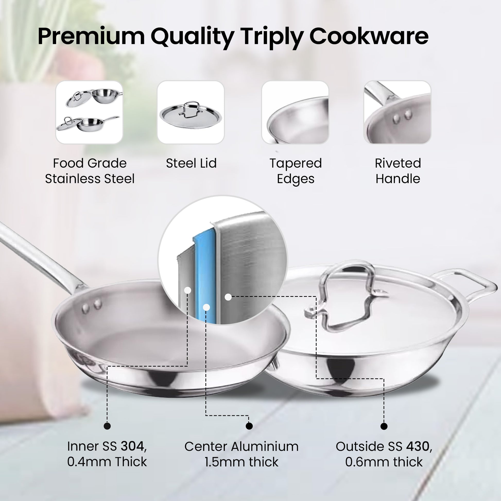Buy Triply Stainless Steel Frying Pan 22 cm Easy Grip Handles The