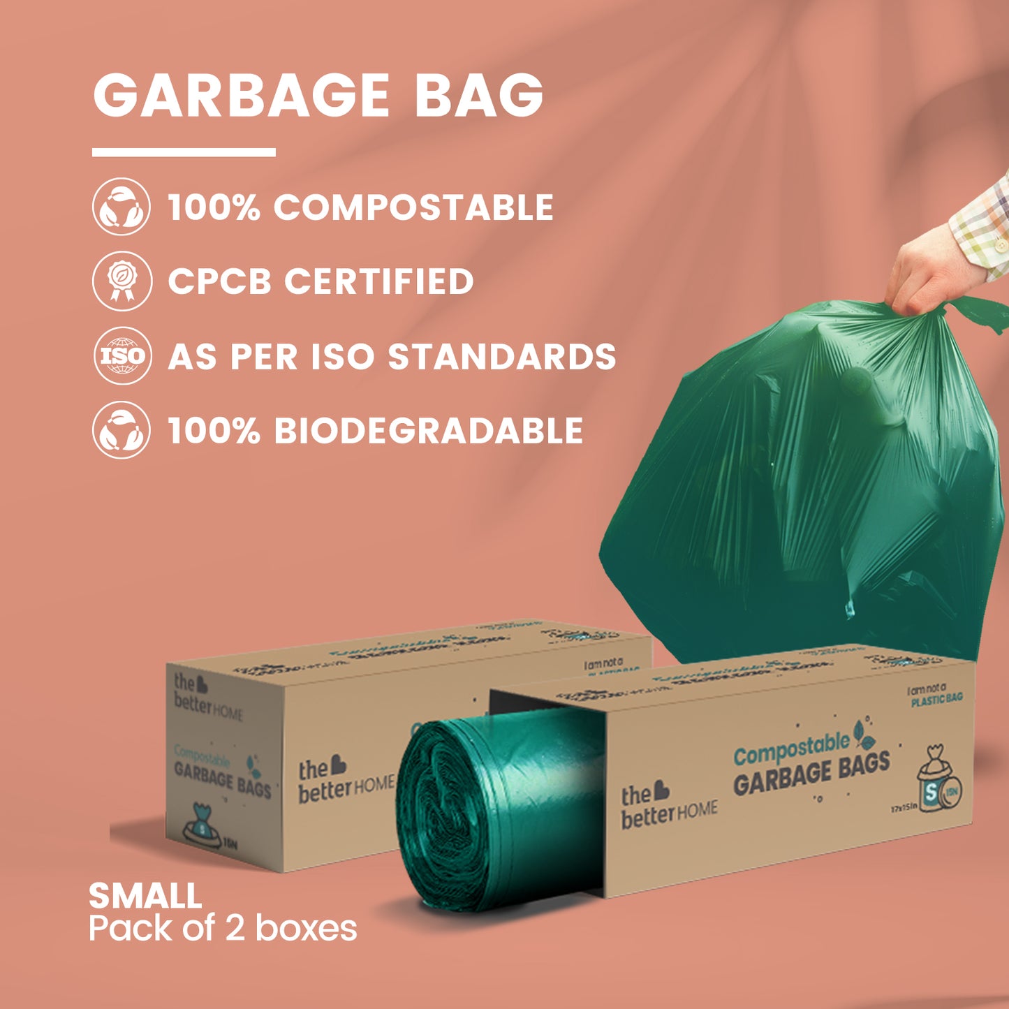 Garbage Bags | Small - 43 cm X 48 cm | Compostable, Biodegradable, Eco-friendly | 15 bags per roll, Pack of 2