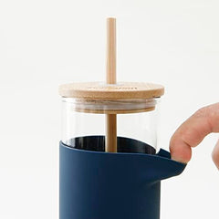 The Better Home Borosilicate Glass Tumbler with Lid and Straw 450ml | Water & Coffee Tumbler with Bamboo Straw & Lid | Leak & Sweat Proof | Durable Travel Coffee Mug with Lid (Navy Blue-Pack of 2)