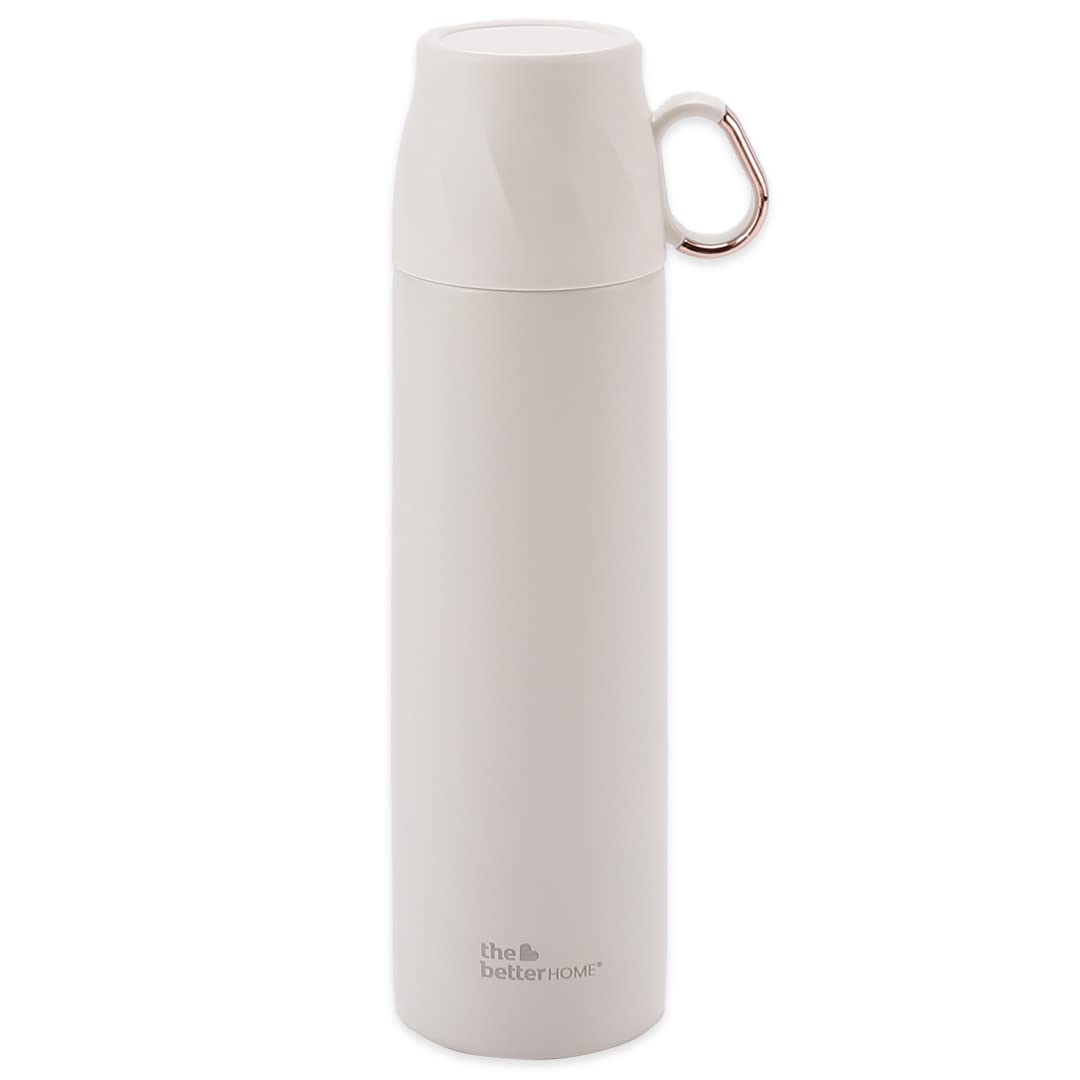 Insulated Flask 500ml with Cup, Thermos Flask, Coffee & Tea Flask for Home & Office Use | Leak Proof & Rust Proof Small Flask | 6 Hours Hot & Cold | Orange (White, Stainless Steel)