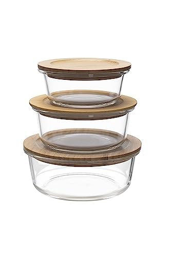 3-Piece Borosilicate Glass Food Container Set with Airtight Wooden Lids | Microwave & Freezer Safe | Clear