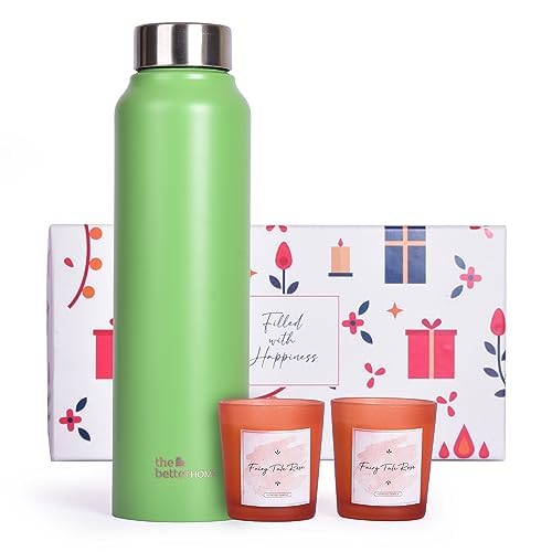 The Better Home Gift Set for Housewarming, Diwali | Gift Box of 3 with Stainless Steel Bottle(Green, 1 LTR) & 2 Candles(60g) | Gift for Housewarming,Secret Santa Gifts