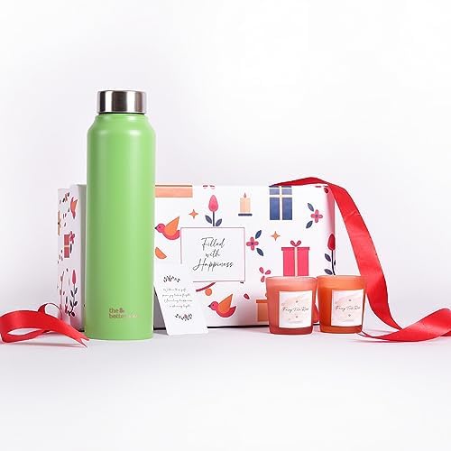 The Better Home Gift Set for Housewarming, Diwali | Gift Box of 3 with Stainless Steel Bottle(Green, 1 LTR) & 2 Candles(60g) | Gift for Housewarming,Secret Santa Gifts