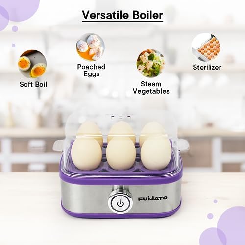 Electric Egg Boiler - 6 Egg Capacity, Fast Cooking, Water Measuring Cup, 210W, Purple & Stainless Steel