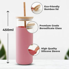 The Better Home Borosilicate Glass Tumbler with Lid and Straw 450ml | Water & Coffee Tumbler with Bamboo Straw & Lid | Leak & Sweat Proof | Durable Travel Coffee Mug with Lid (Fuscia-Pack of 2)