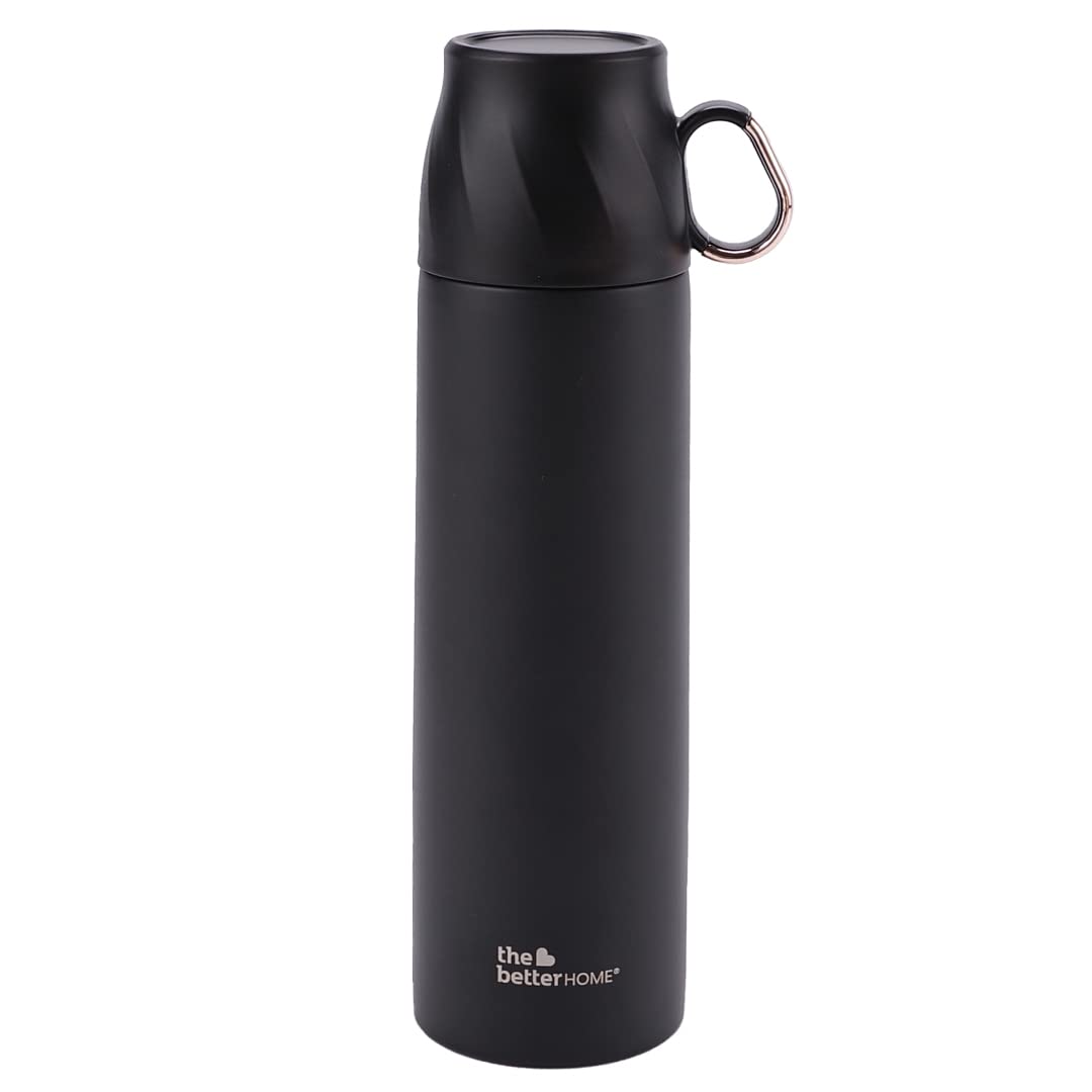Insulated Flask 500ml with Cup, Thermos Flask, Coffee Flask & Tea Flask for Home & Office Use, Leak Proof & Rust Proof Small Flask, 6 Hours Hot & Cold (Black, Stainless Steel)