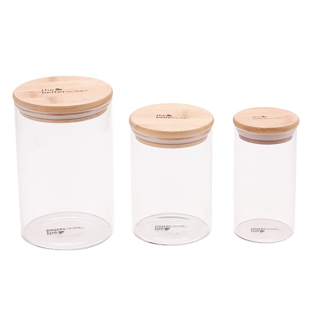 Pack of 4: Kitchen Storage Jars with Bamboo Lid | Airtight Borosilicate Containers | 600 ml Each | Round