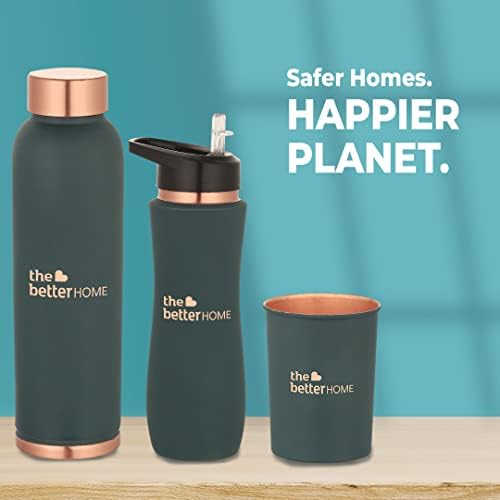 The Better Home 100% Pure Copper Water Bottle 1 Litre, Teal & Savya Home Triply Stainless Steel Casserole with Lid, 4L (22cm), Gas & Induction Cookware