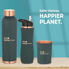 The Better Home 100% Pure Copper Water Bottle 1 Litre, Teal & Savya Home Triply Stainless Steel Casserole with Lid, 4L (22cm), Gas & Induction Cookware