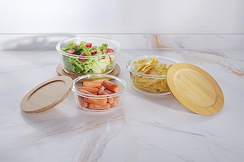 3-Piece Borosilicate Glass Food Container Set with Airtight Wooden Lids | Microwave & Freezer Safe | Clear