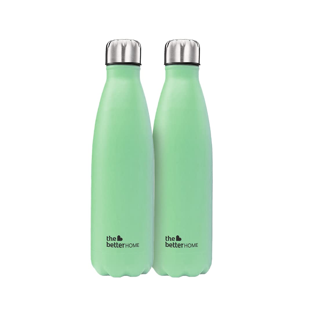 Pack of 2: 500 ml Thermosteel Water Bottles - Double Wall, Leakproof, Insulated | Green | Keeps Hot 18H, Cold 24H