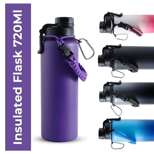 Combo: Insulated Water Bottle with Vacuum Insulation & Carabiner | 720ml | Hot & Cold | Purple