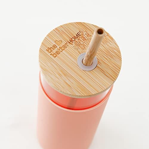 Pack of 2: Borosilicate Glass Tumblers - Leak & Sweat Proof | Lid & Bamboo Straw | 450ml | Fuscia-Peach