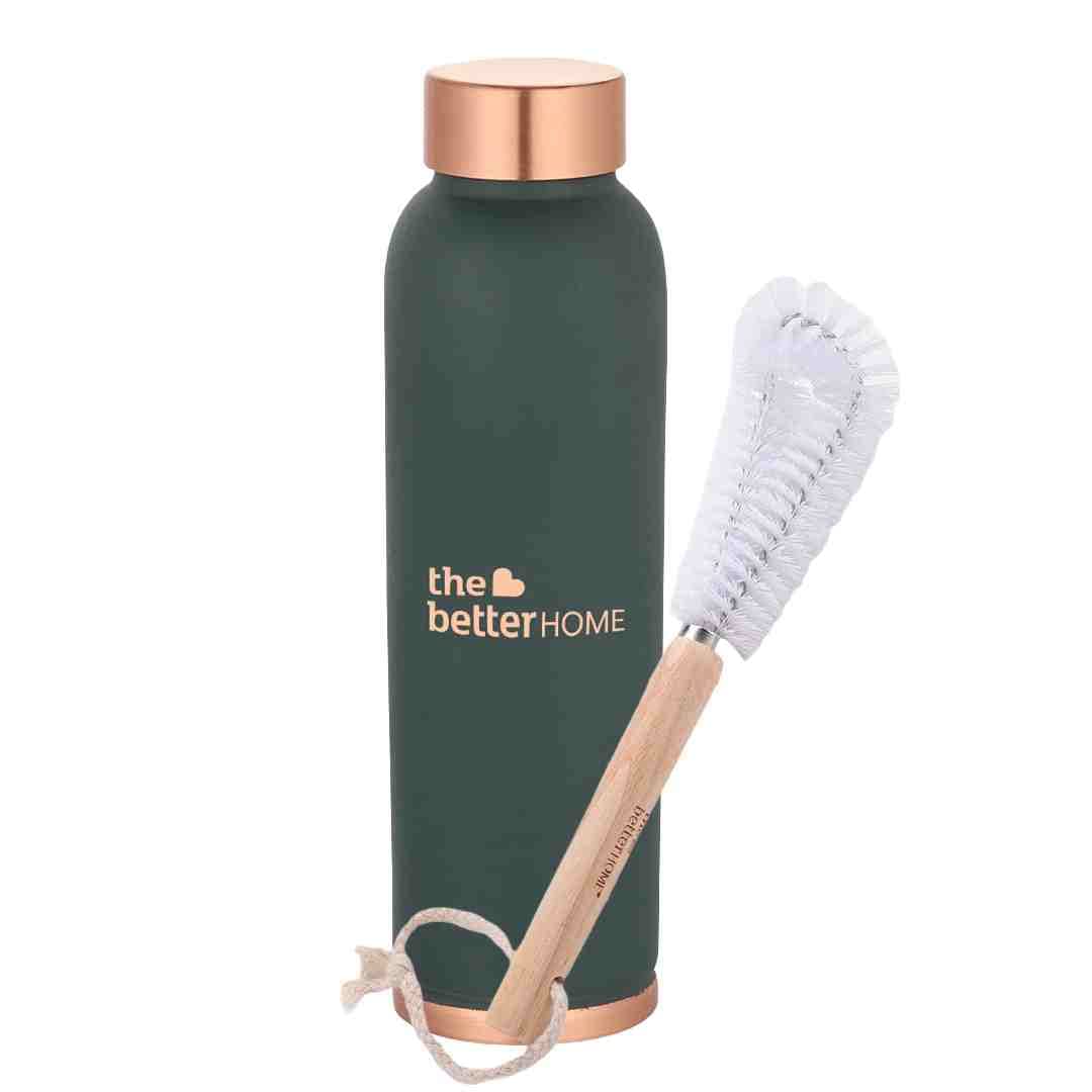 Combo: 1L Copper Water Bottle - Stainless Steel & Wooden Handle | Cleaning Brush Included | Kids Friendly