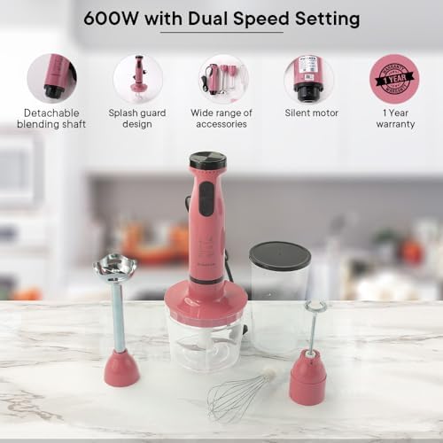 The Better Home FUMATO Turbo Pro 600W Electric Hand Blender 4-1 Pink & Stainless Steel Water Bottle 1 Litre Gold